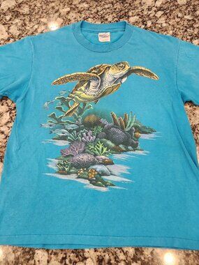 Vtg Turtle Tee Mens L Hanes Beefy Made in USA Single Stitch Proudfoot Traders